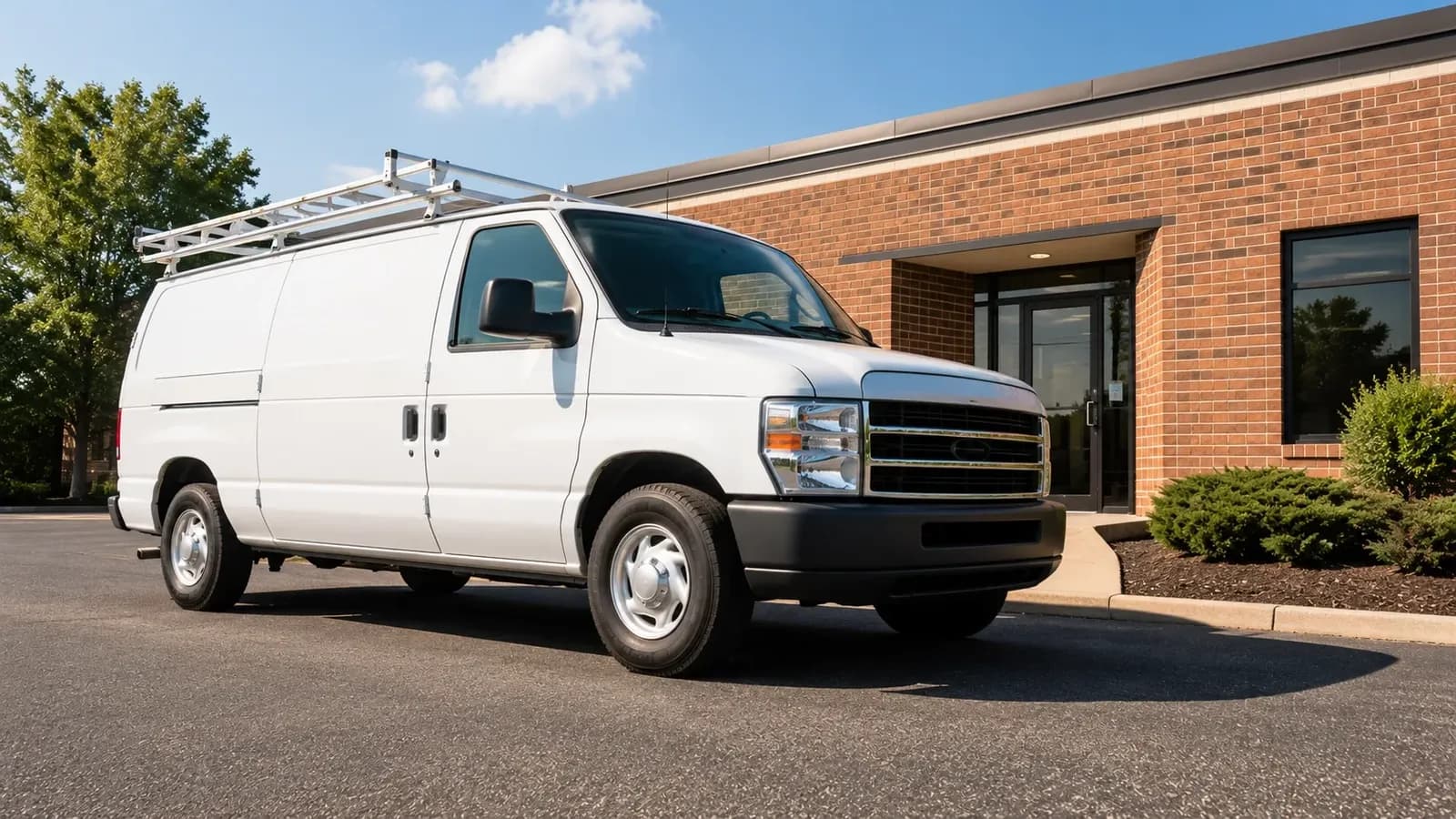 A plumbing service van parked outside a small business office in Woodbury, Minnesota