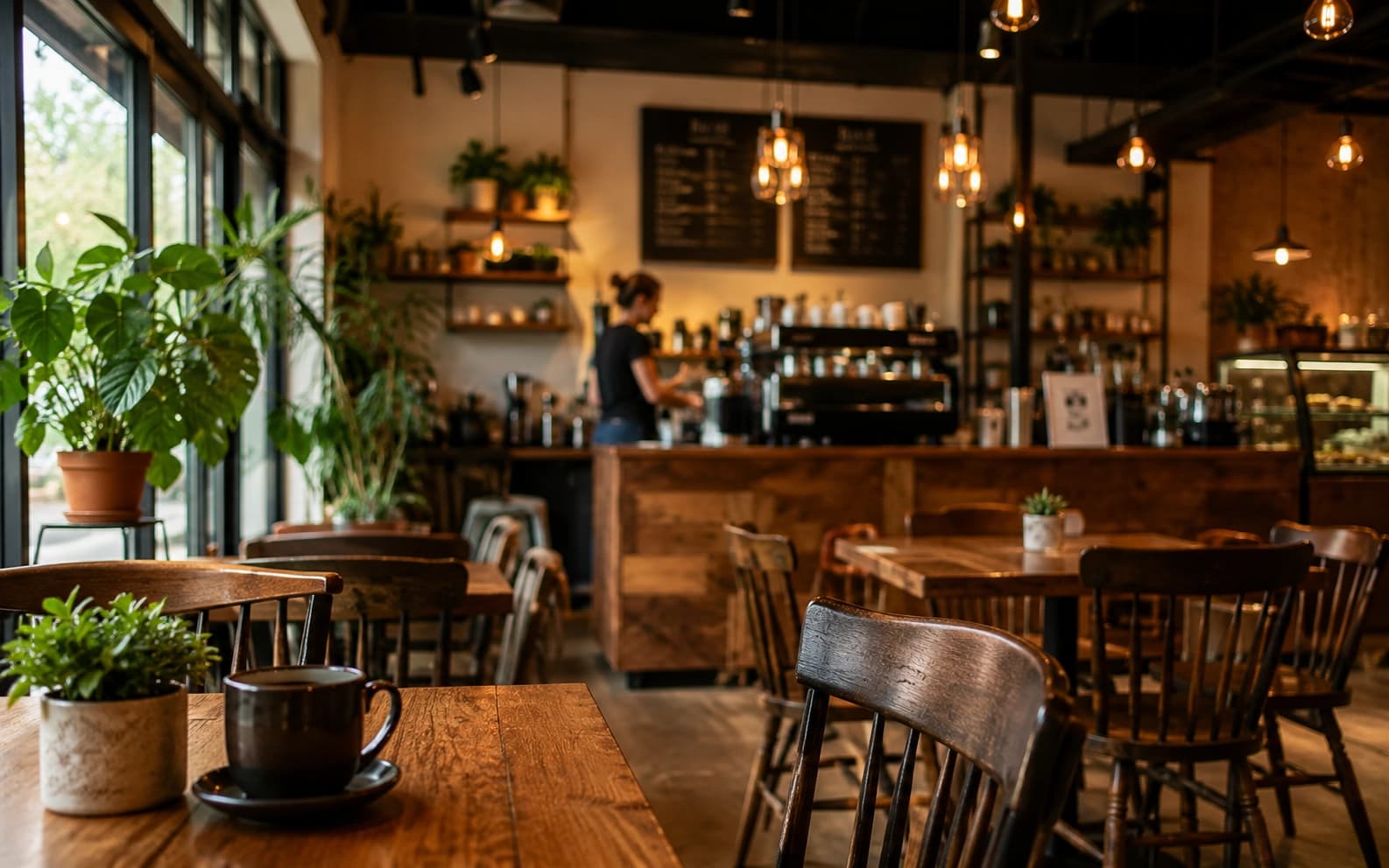 Interior of a cozy independent coffee shop in Woodbury, Minnesota with wood tables and warm lighting