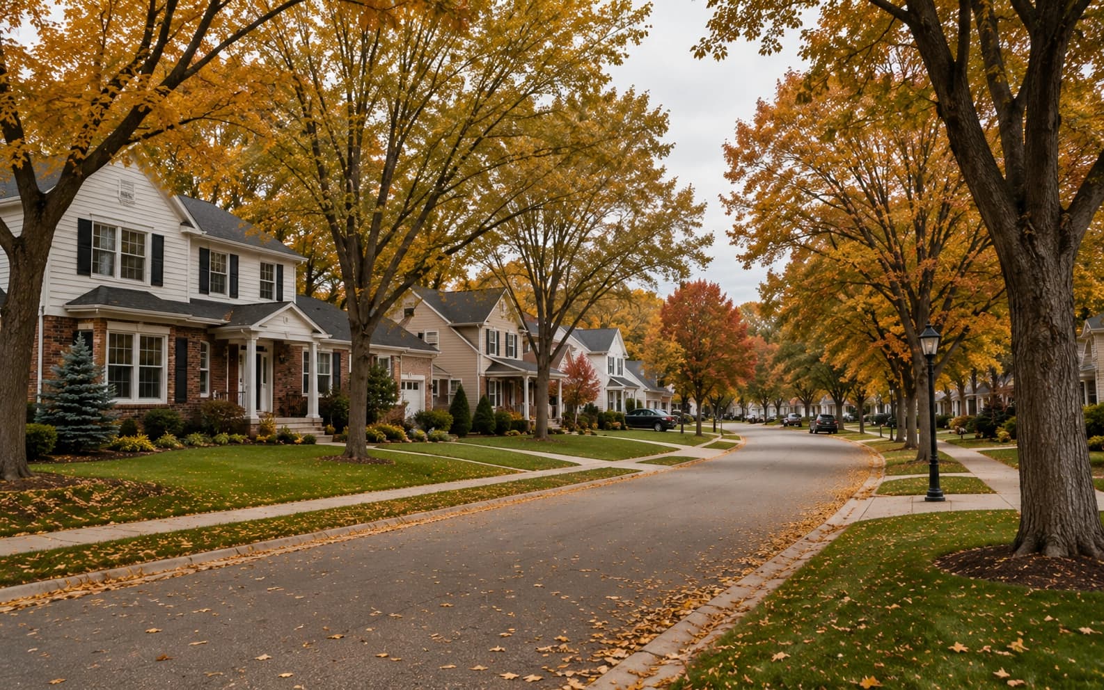 Tree-lined residential street in Bailey's Arbor, Woodbury, Minnesota with traditional two-story homes