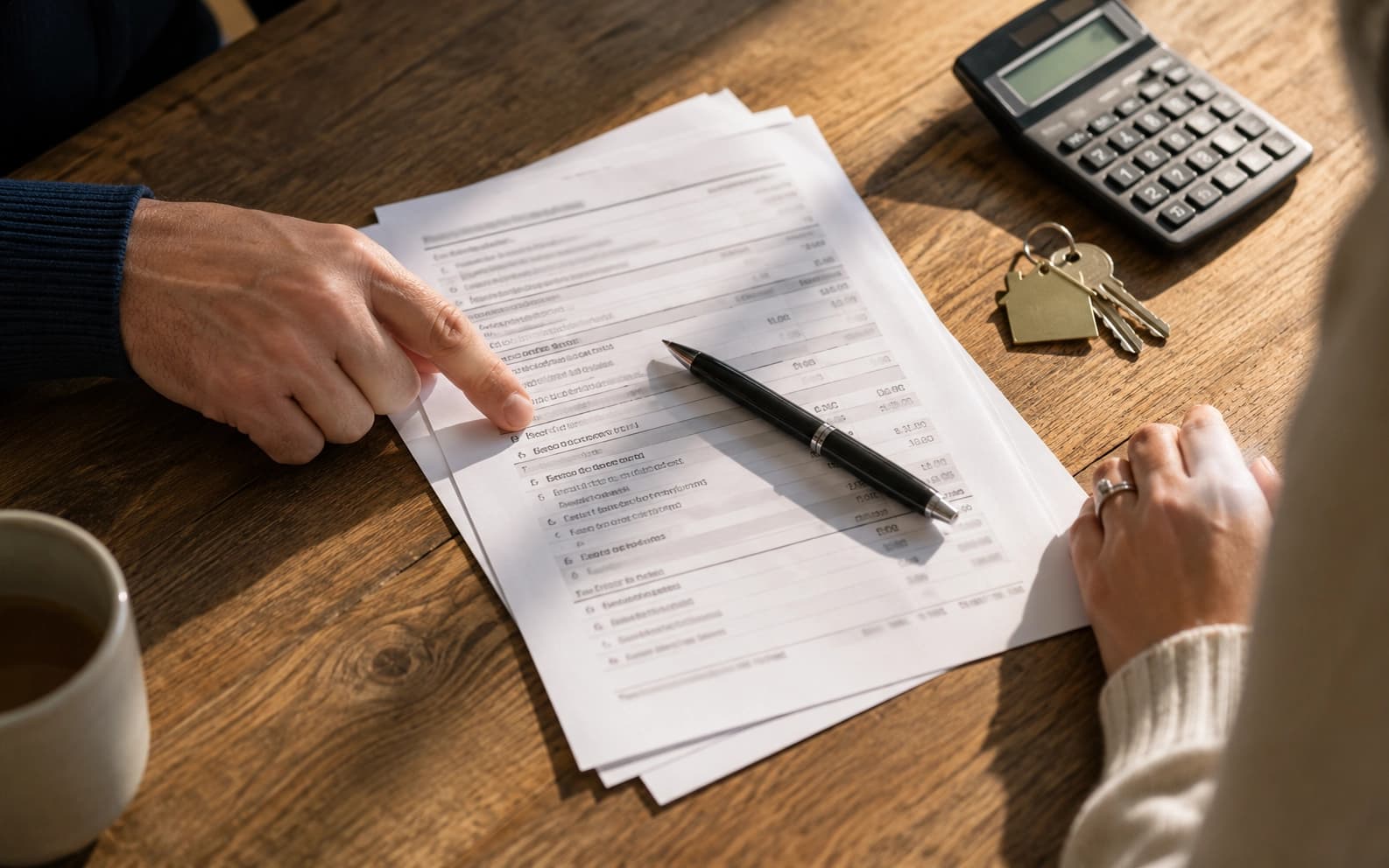 Buyer and REALTOR reviewing a closing disclosure document at a table in Woodbury, Minnesota