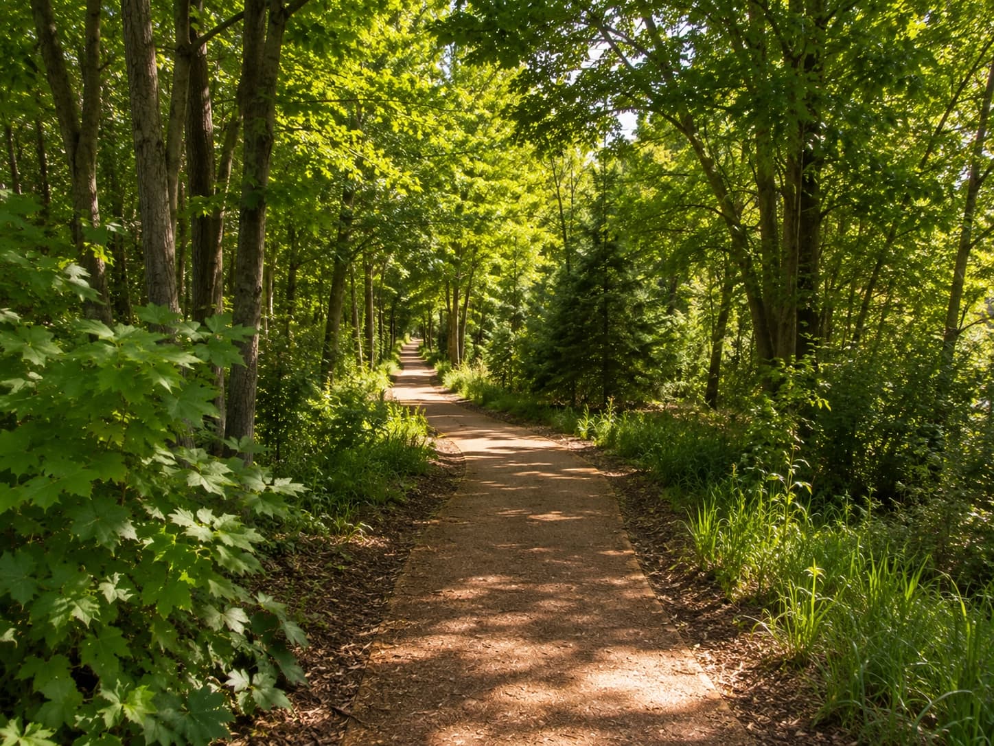 Wooded greenway trail winding through the Evergreen neighborhood of Woodbury, Minnesota