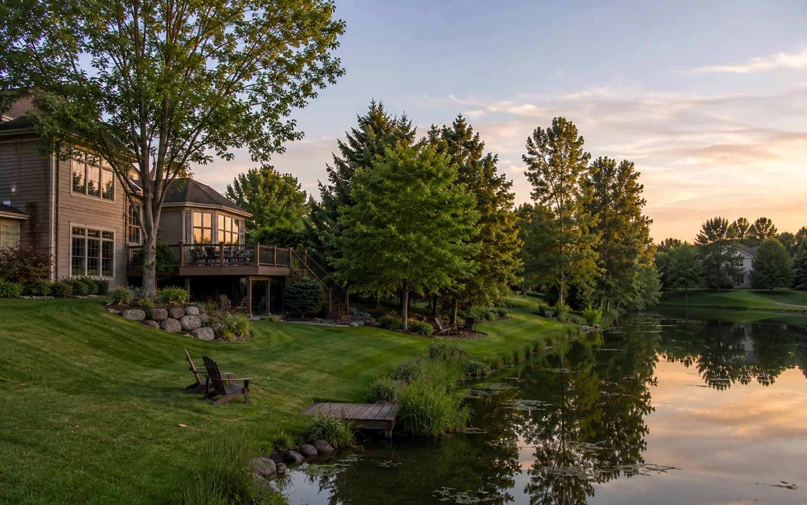 Home backing onto a wooded pond area in the Evergreen neighborhood of Woodbury, Minnesota