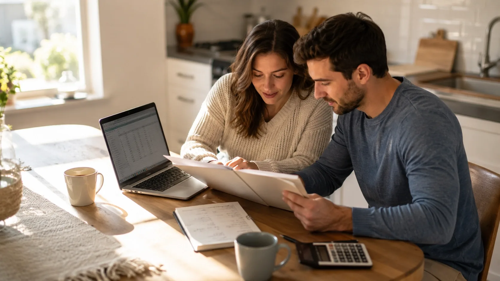 A young couple reviewing paperwork together at a bright kitchen table with a laptop