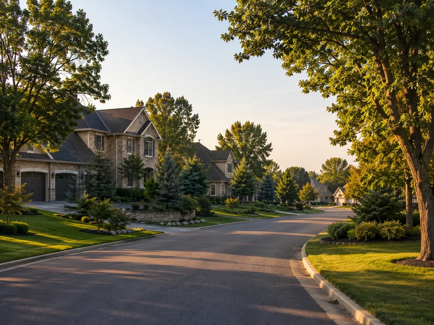 Wide, quiet street lined with large homes in the Highcroft neighborhood of Woodbury, Minnesota