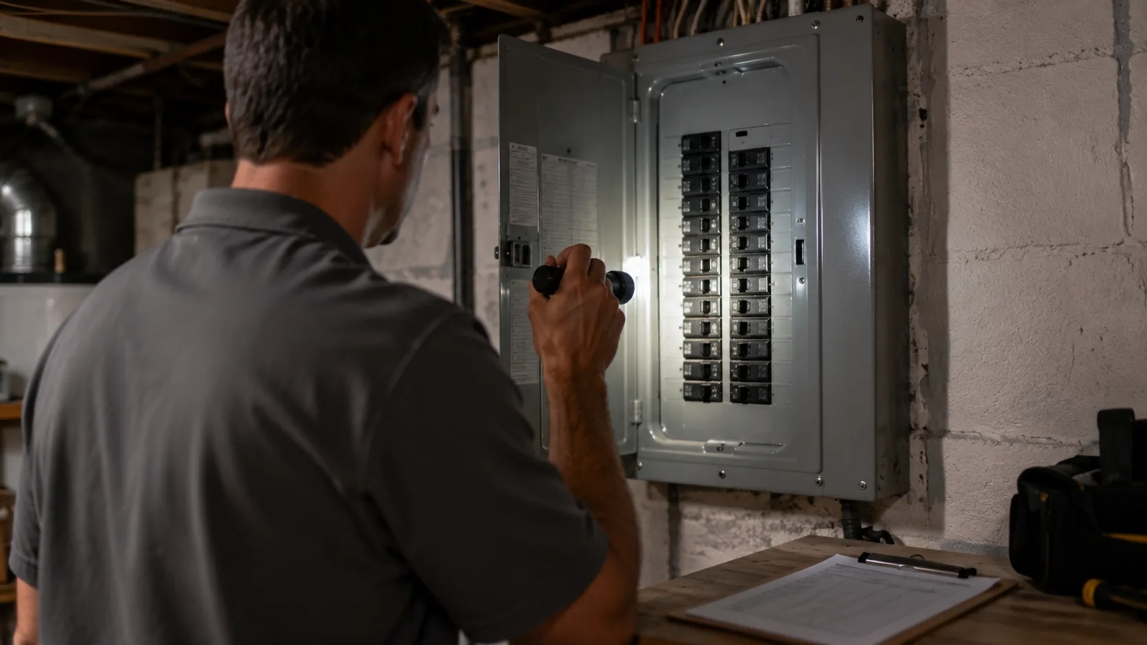 A home inspector examining a residential electrical panel with a flashlight