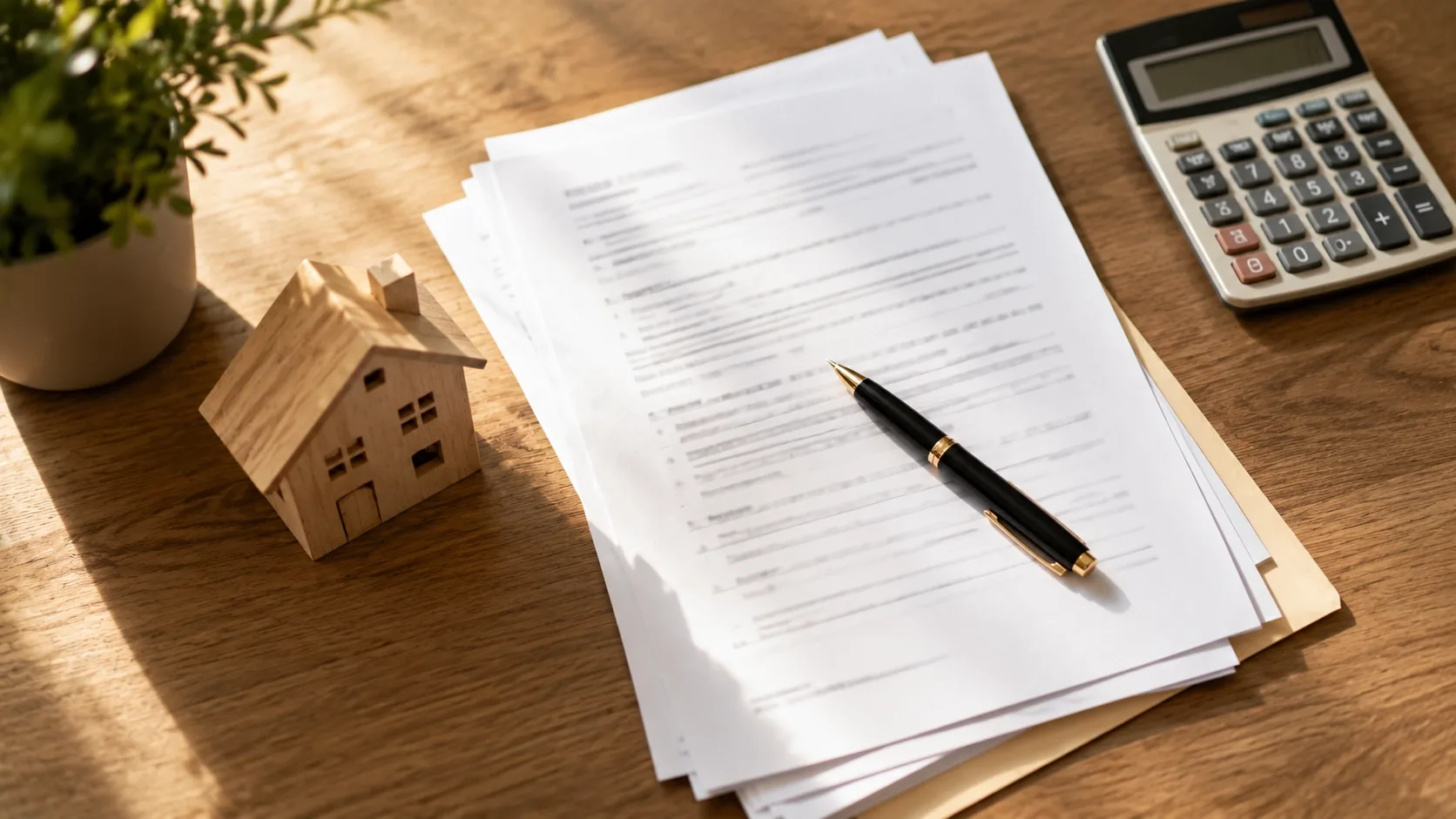 Close-up of mortgage paperwork, a pen, and a small model house on a desk