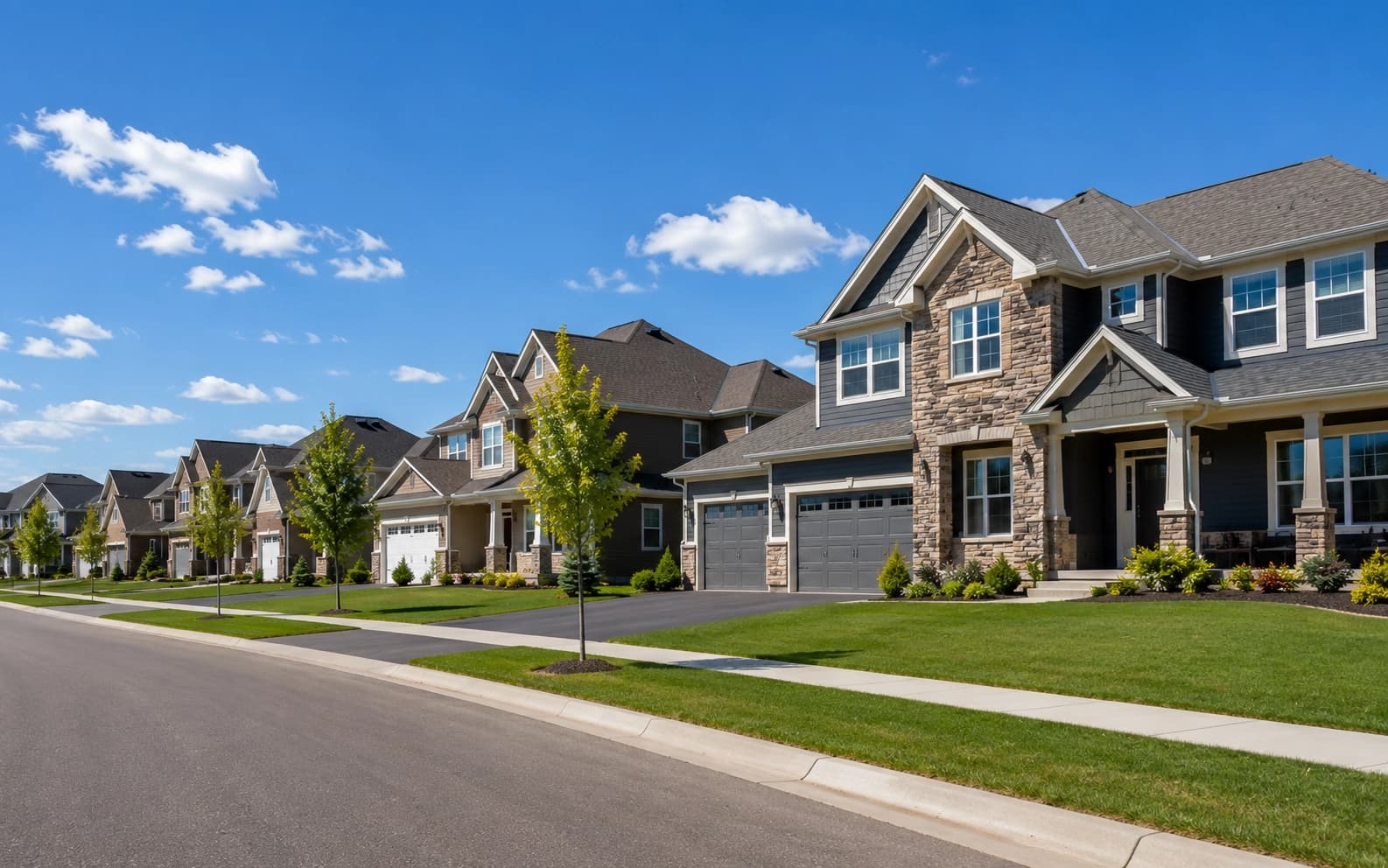 Newer suburban homes with larger lots in Stonemill Farms, Woodbury, Minnesota