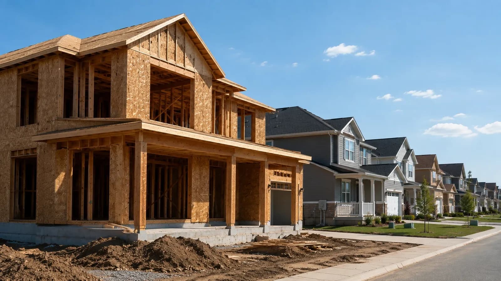 A newly framed home under construction next to finished houses on a Woodbury, Minnesota street