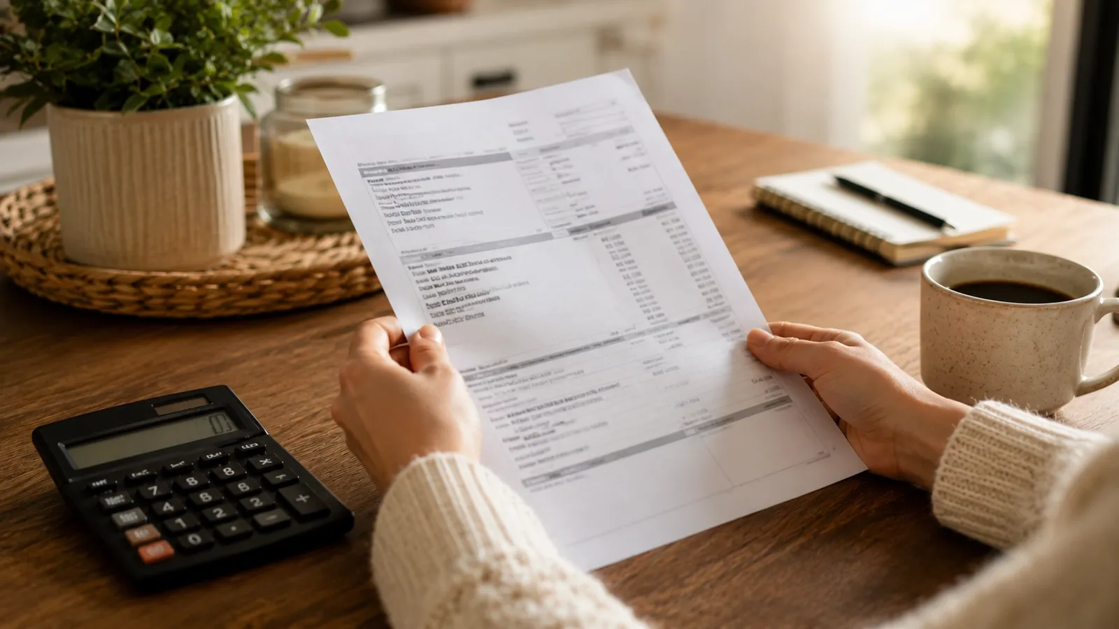 A homeowner reviewing a property tax statement at a kitchen table with a calculator nearby