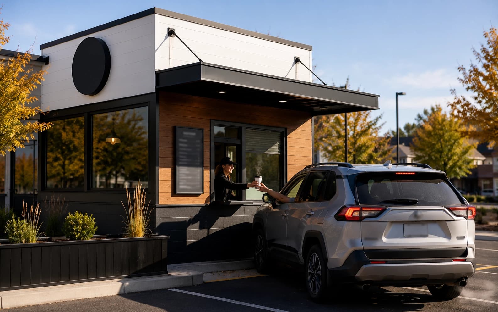 Drive-through coffee stand in Woodbury, Minnesota on a busy weekday morning