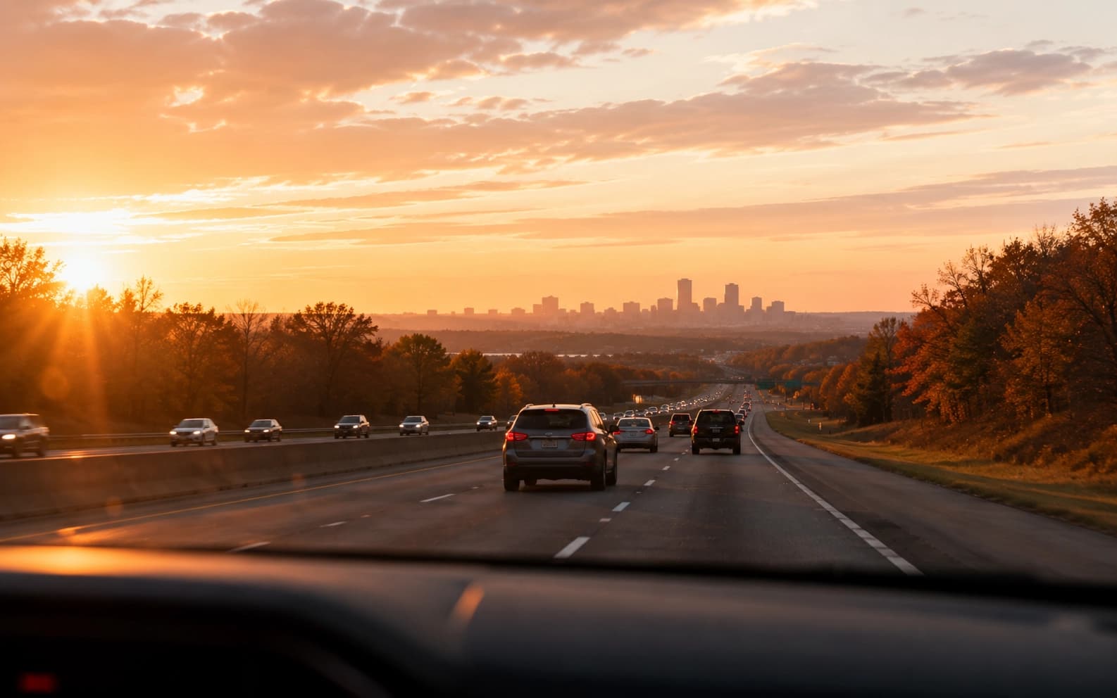 Morning traffic on a Minnesota highway near Woodbury with the St. Paul skyline in the distance