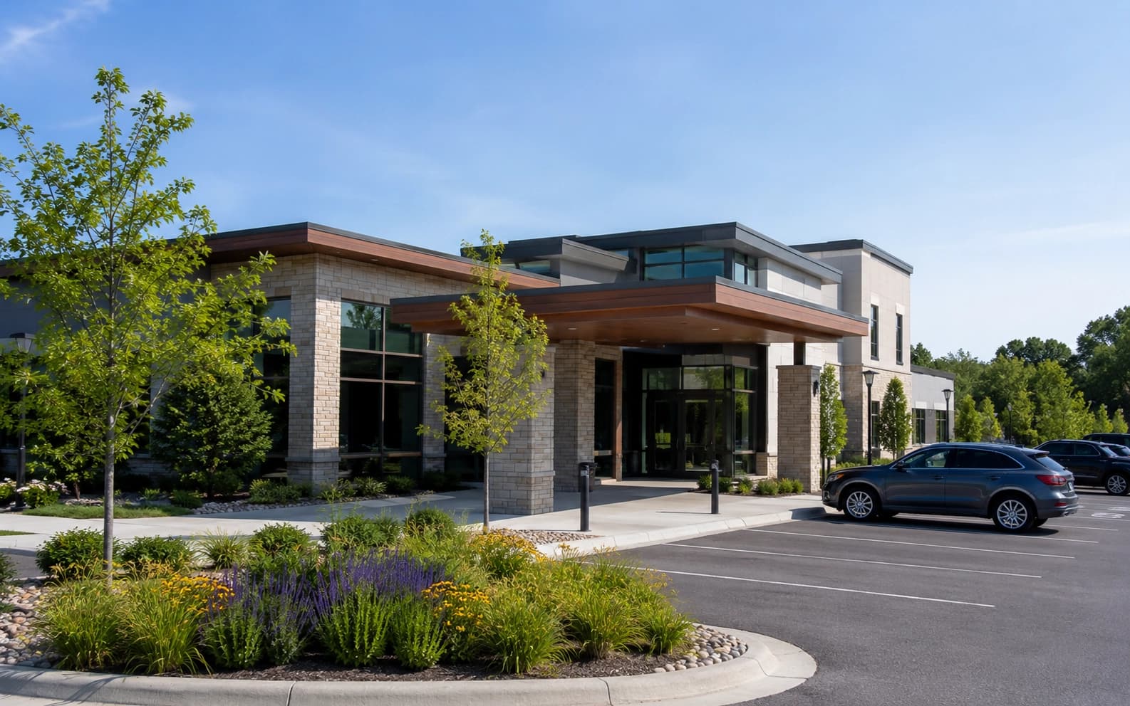 Exterior of a modern medical clinic building in the East Metro area near Woodbury, Minnesota