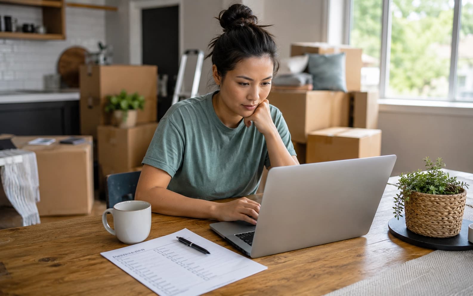 A homeowner reviewing utility setup paperwork and a laptop at a kitchen table with moving boxes nearby