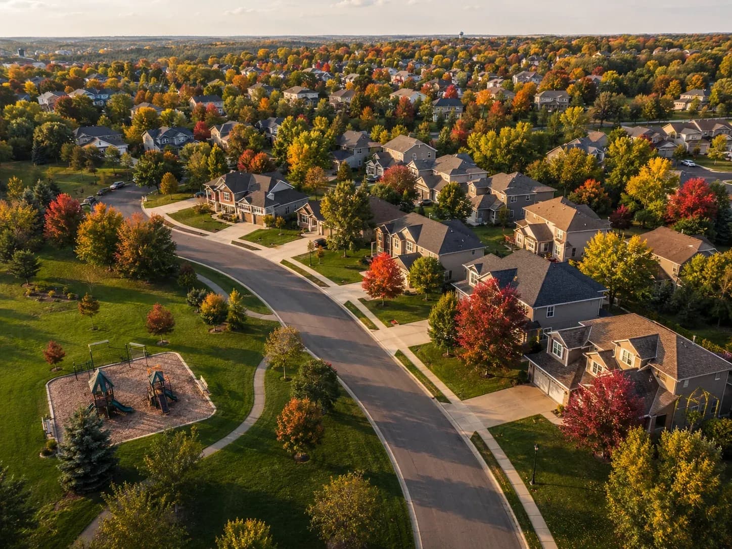 Aerial view of a Woodbury, Minnesota neighborhood with tree-lined streets in early autumn