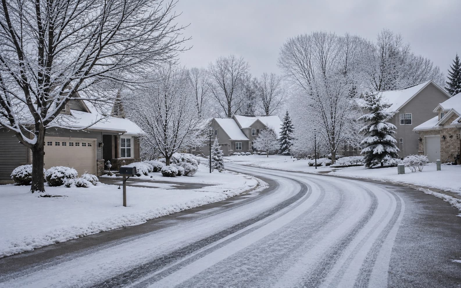 A snowy residential street in Woodbury, Minnesota during winter with bare trees and fresh snowfall