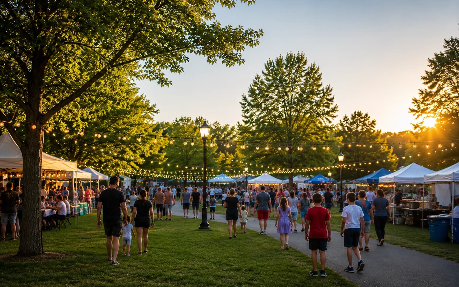 Families enjoying an outdoor summer community festival in a Woodbury, Minnesota park