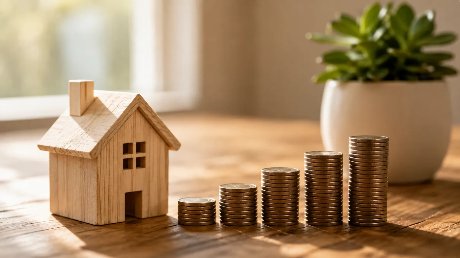 A small potted plant growing beside a stack of coins and a miniature house model on a desk