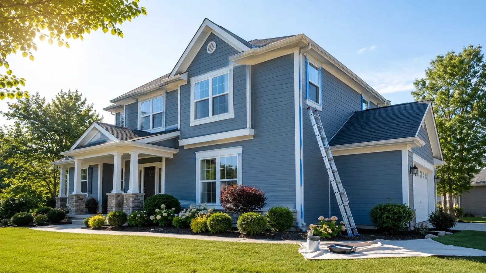 Exterior of a suburban home with a freshly painted facade and painter's ladder nearby