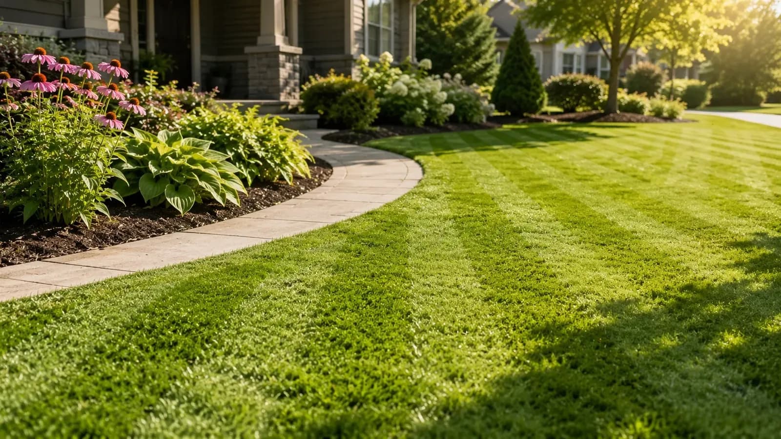 A well-maintained suburban lawn with clean mowing lines and landscaped garden beds