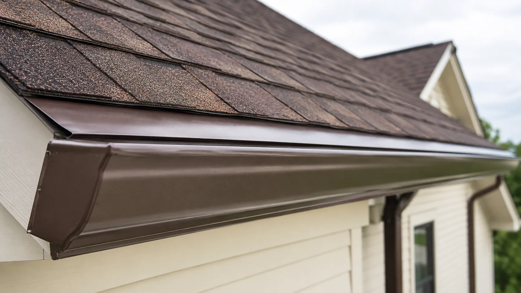 Close-up of new roofing shingles and gutter installation on a residential home