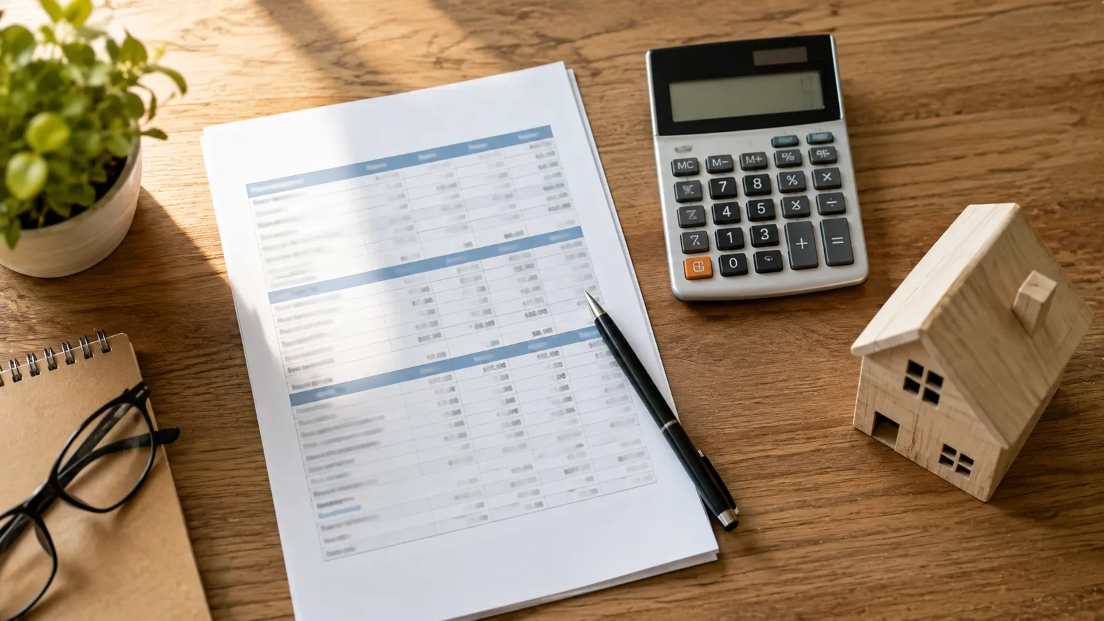 A household budget spreadsheet and calculator on a desk with a small house model nearby