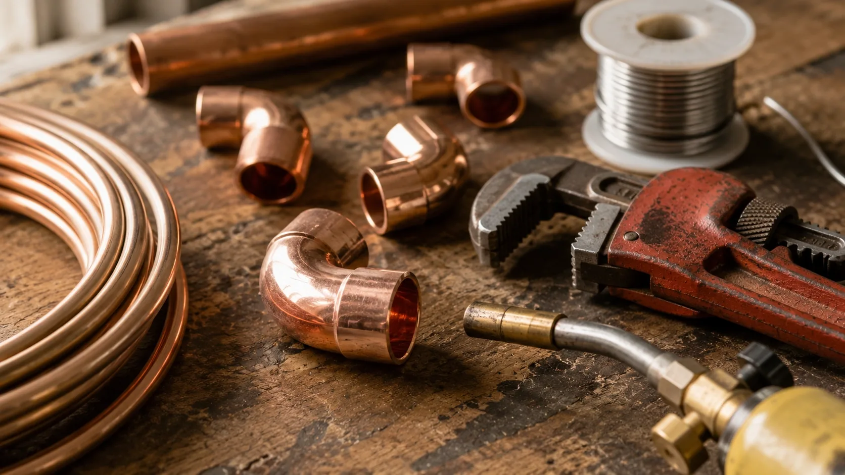 Close-up of plumbing tools and pipe fittings on a workbench