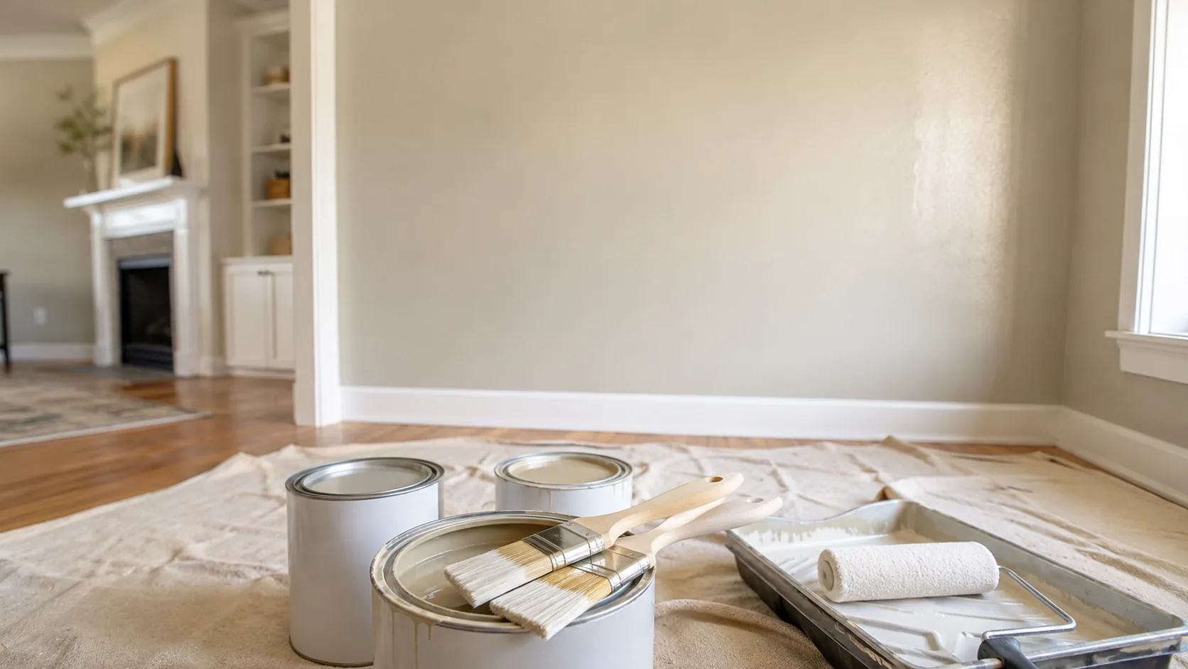 A freshly painted interior room with clean paint cans and brushes nearby