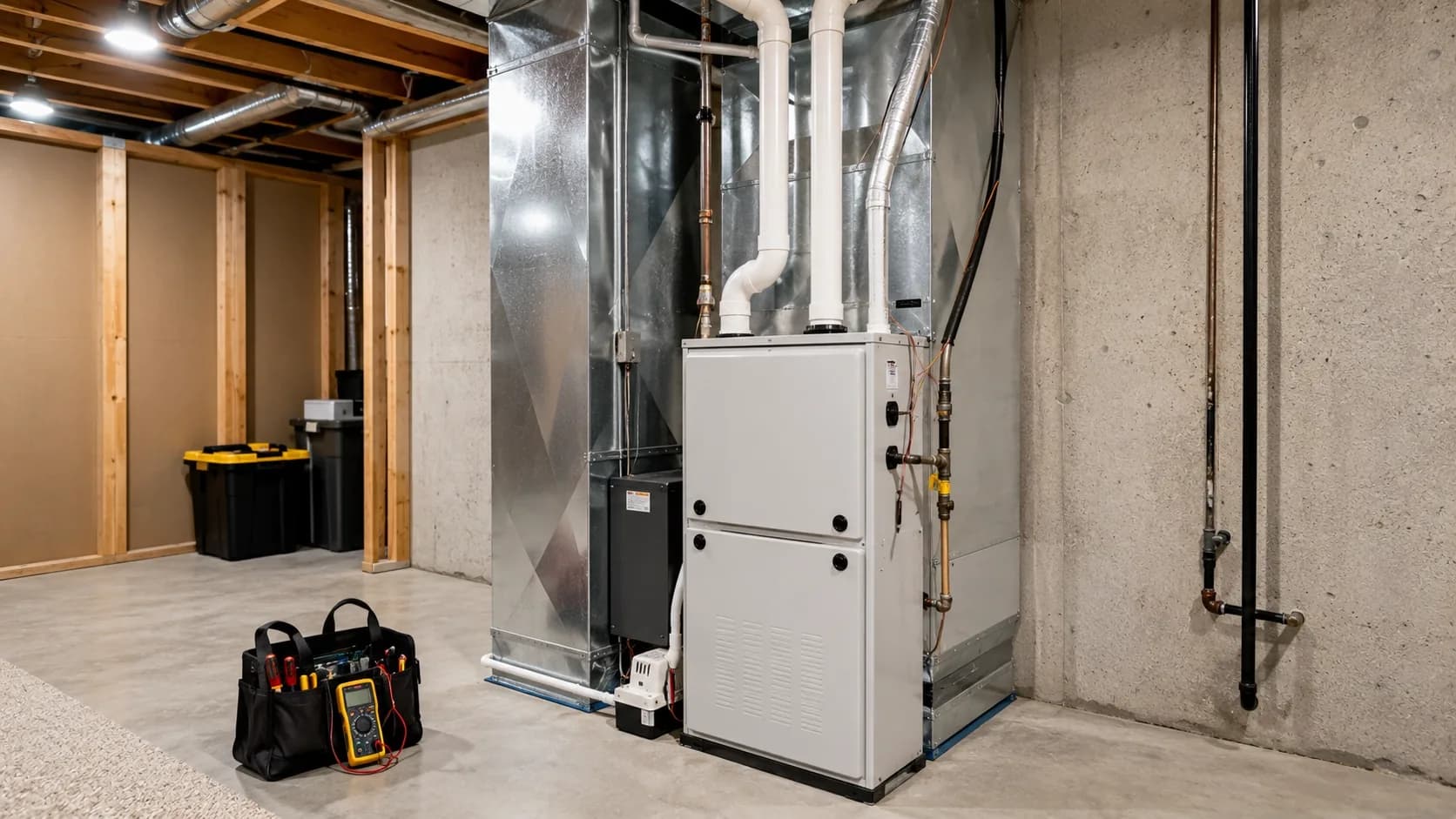 An HVAC technician's toolbox and furnace components in a residential mechanical room