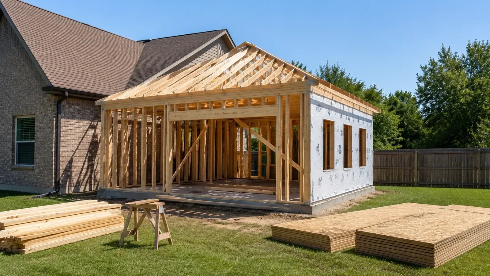 A home remodeling project in progress with construction materials neatly organized