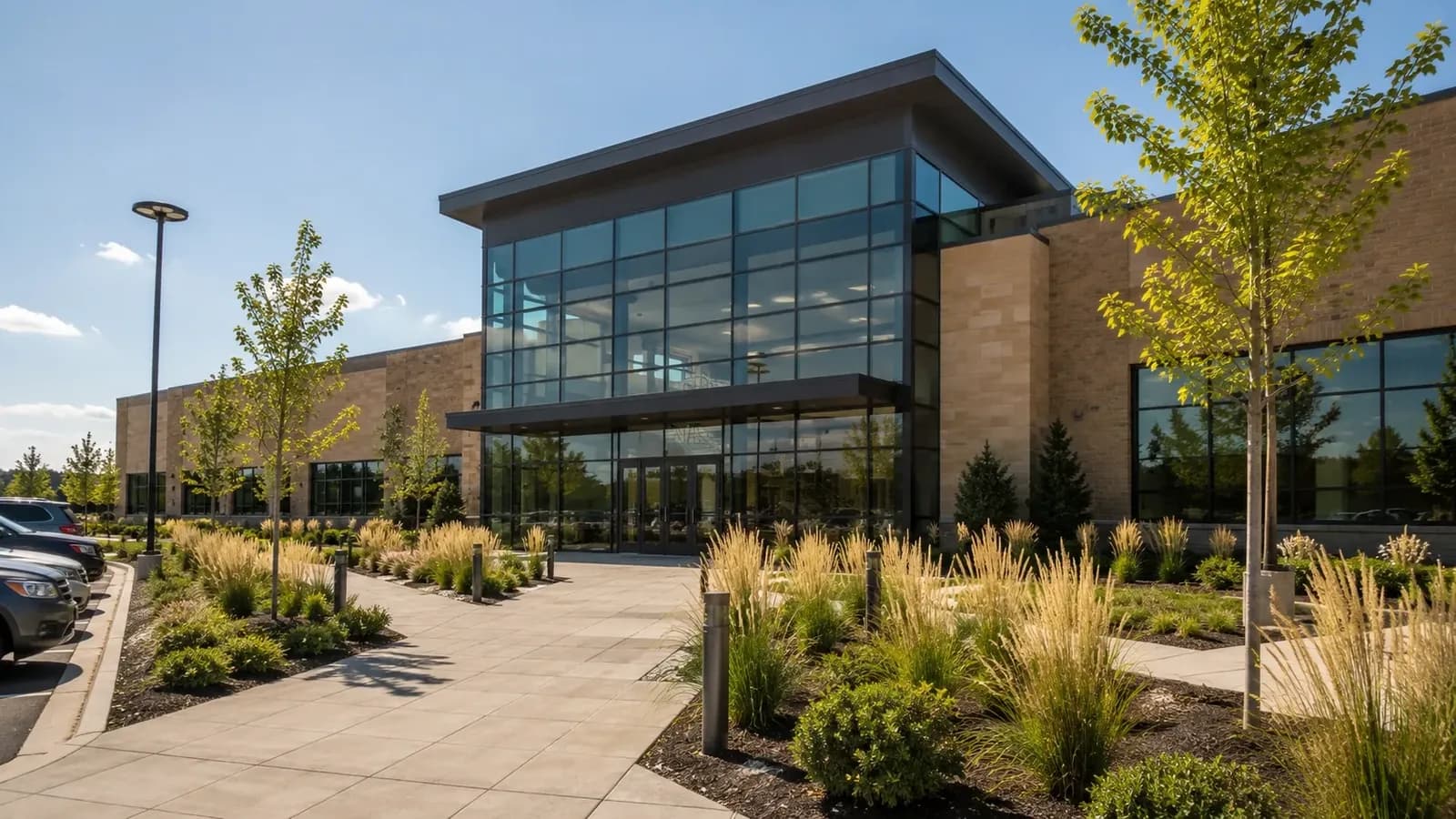 Exterior of a large modern health club building in Woodbury, Minnesota