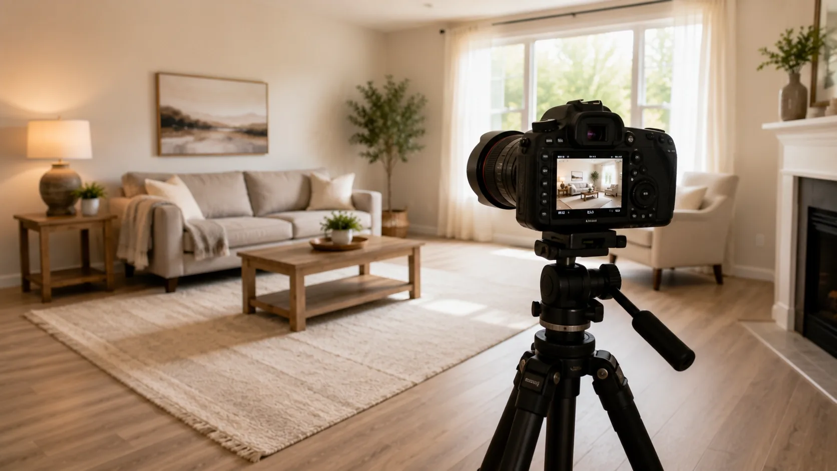 A professional camera on a tripod set up to photograph a bright, staged living room