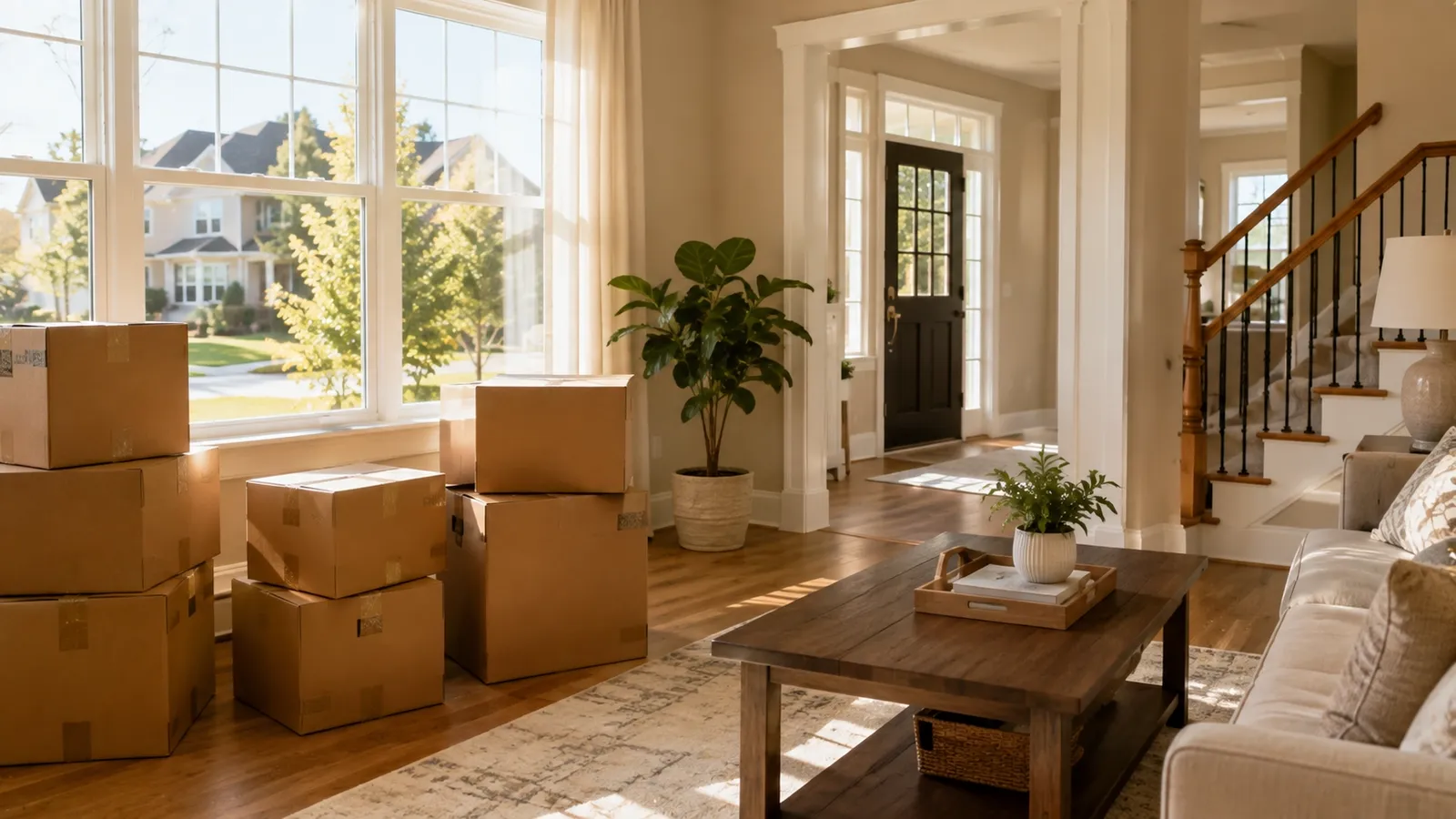 A family looking at moving boxes in a bright, larger living room in a new home