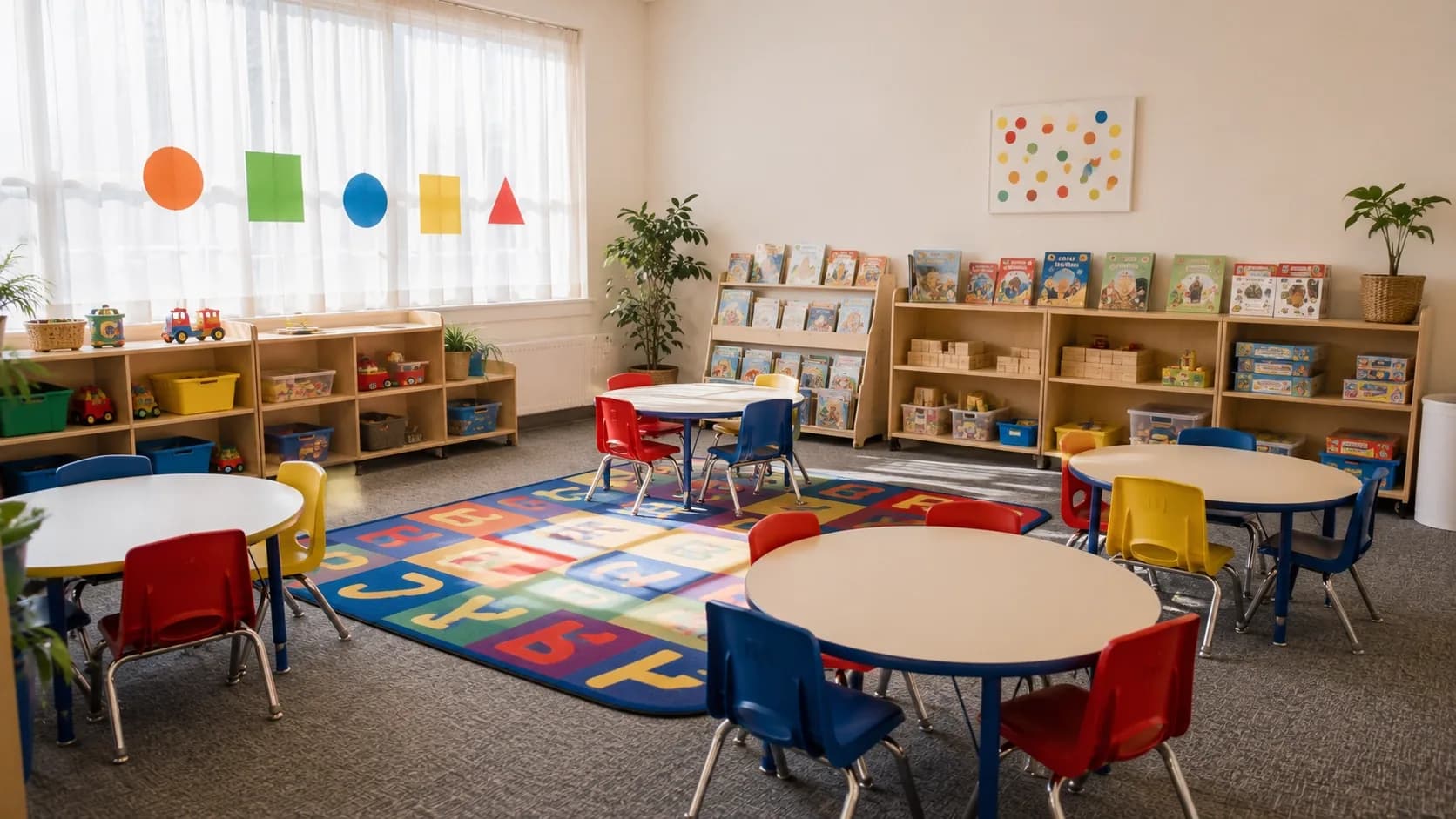 A bright, colorful preschool classroom with child-sized furniture and learning materials