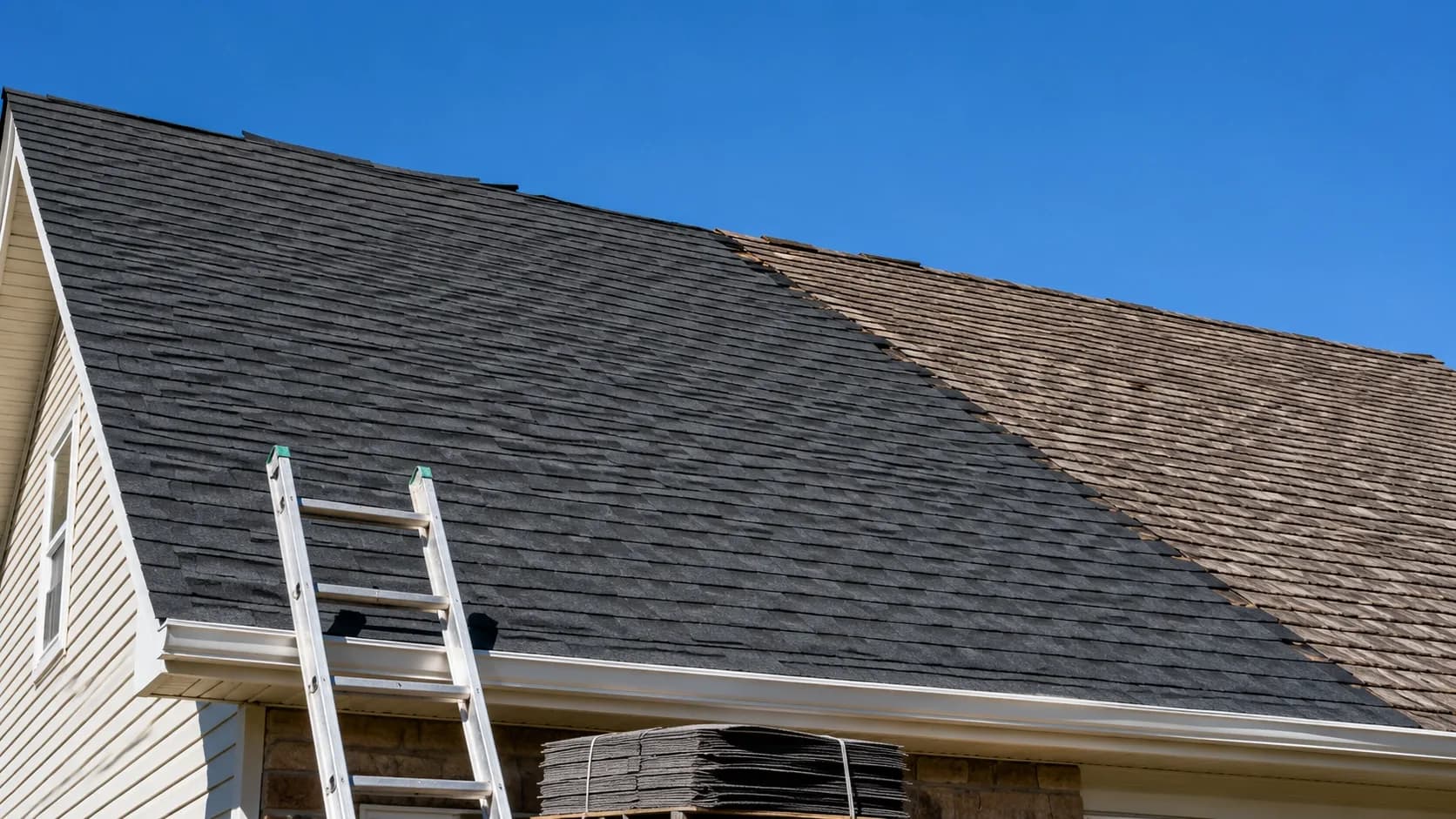 A roofing crew working on a residential asphalt shingle roof in a suburban neighborhood