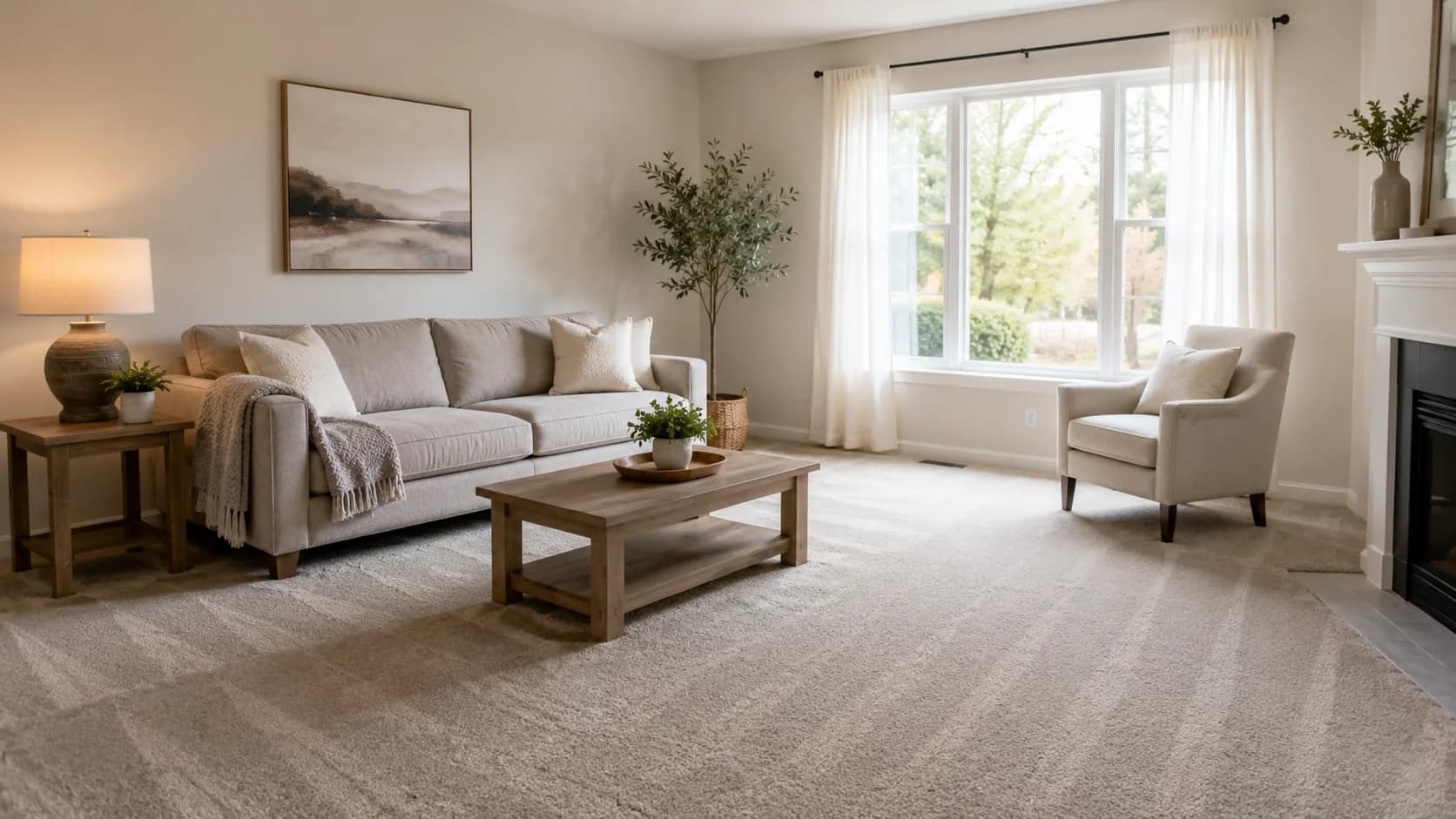 A tidy, decluttered living room with clean surfaces and neutral decor ready for showings