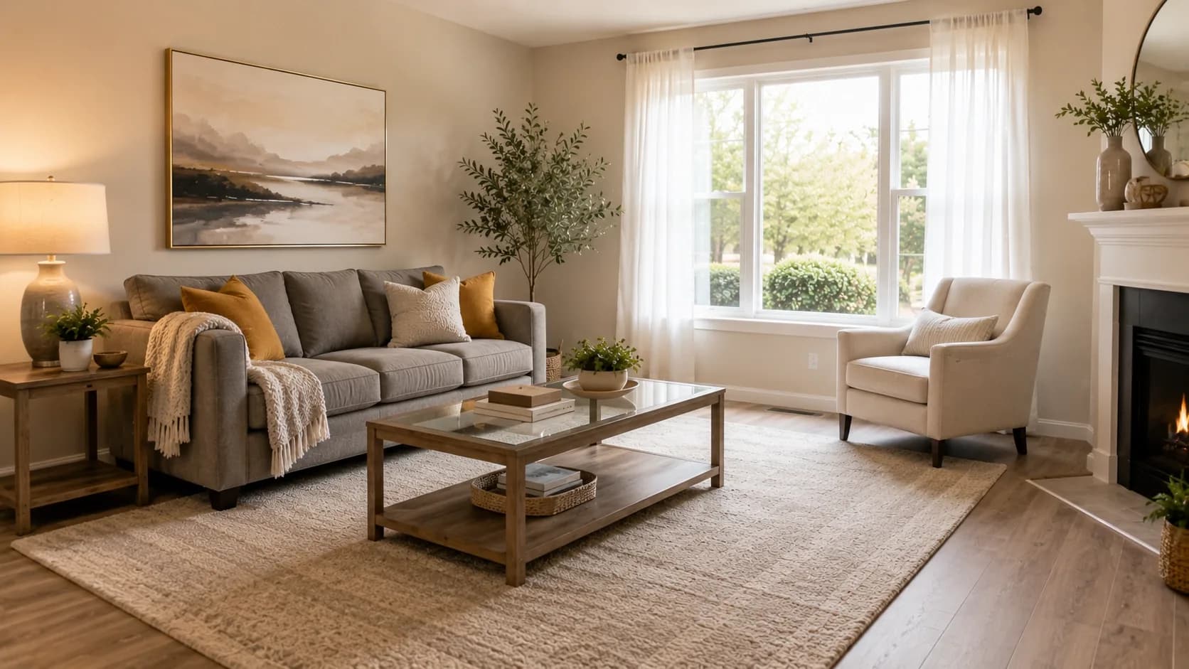 A professionally staged living room with neutral furniture and tasteful decor