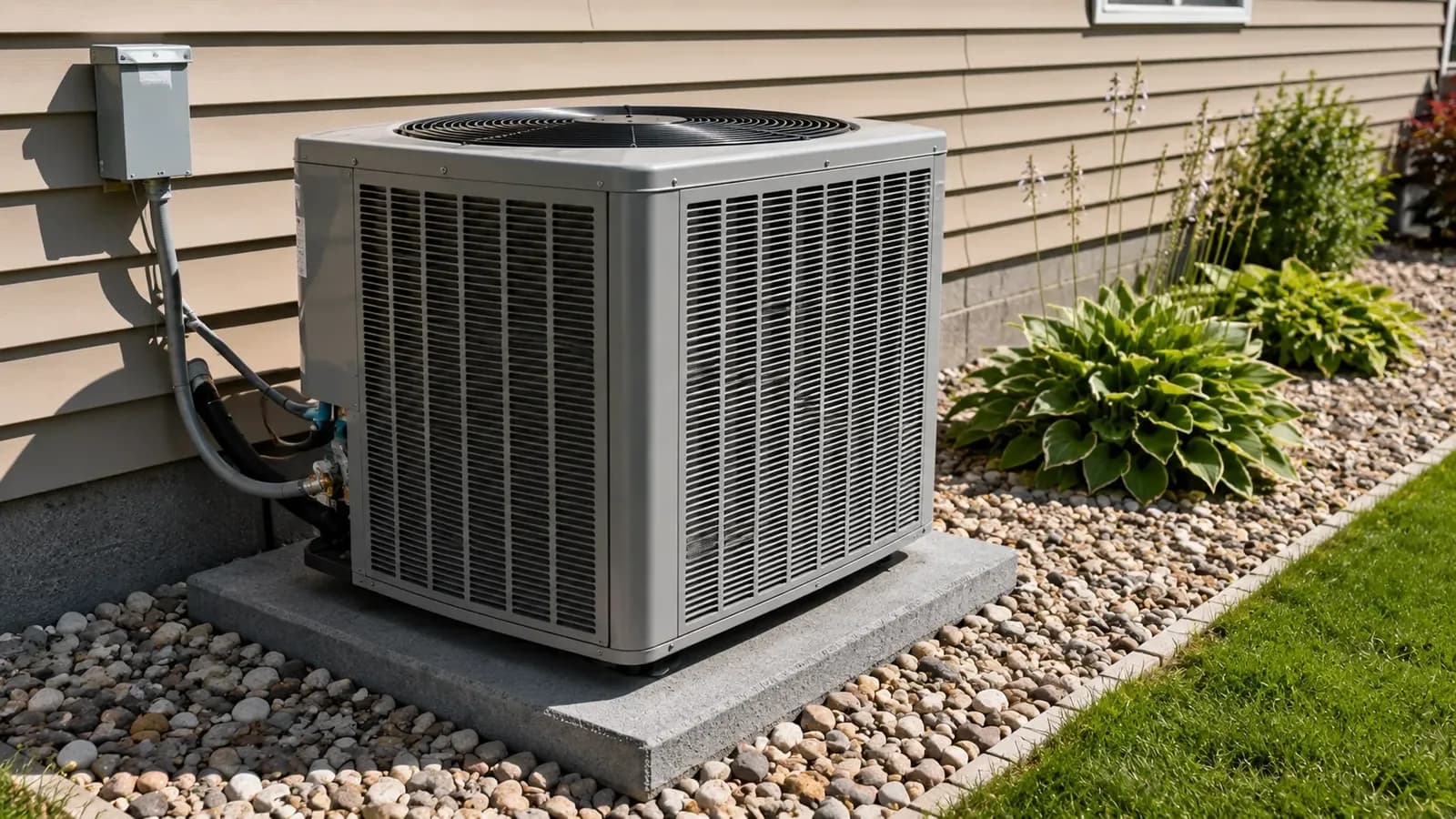 A residential air conditioning condenser unit beside a suburban home