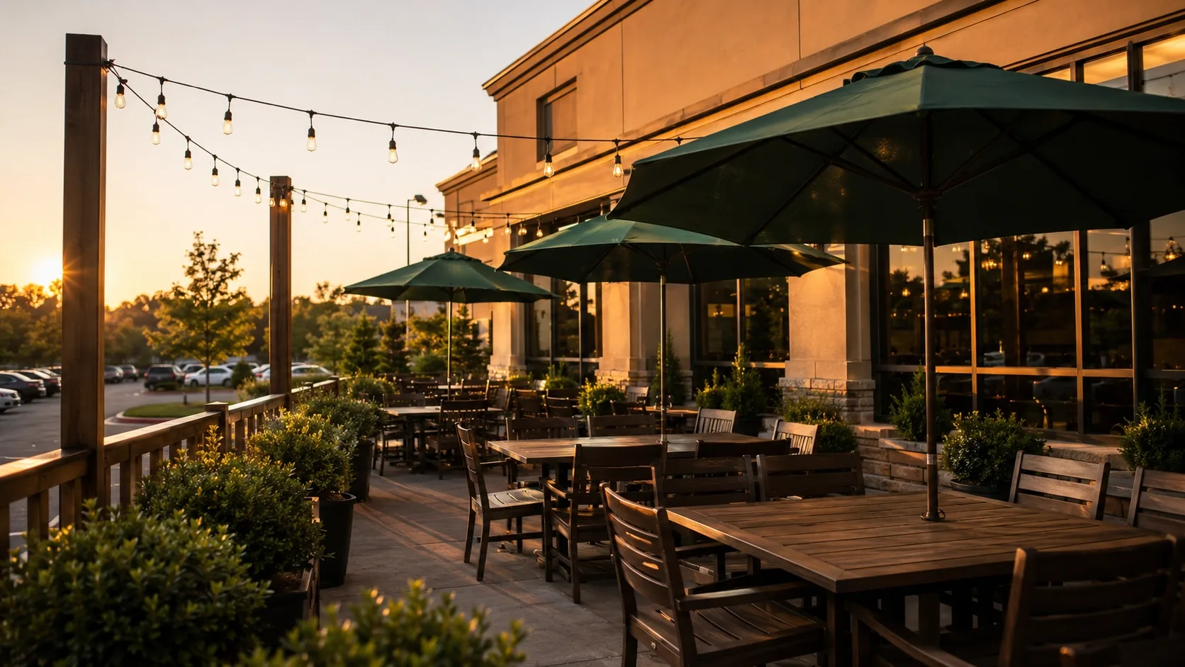 Exterior of a suburban gastropub with an outdoor patio in Woodbury, Minnesota