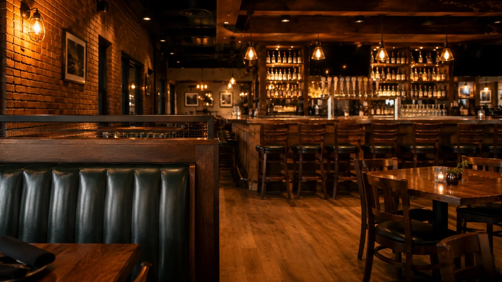 Interior dining room and bar of a casual American restaurant in Woodbury, Minnesota