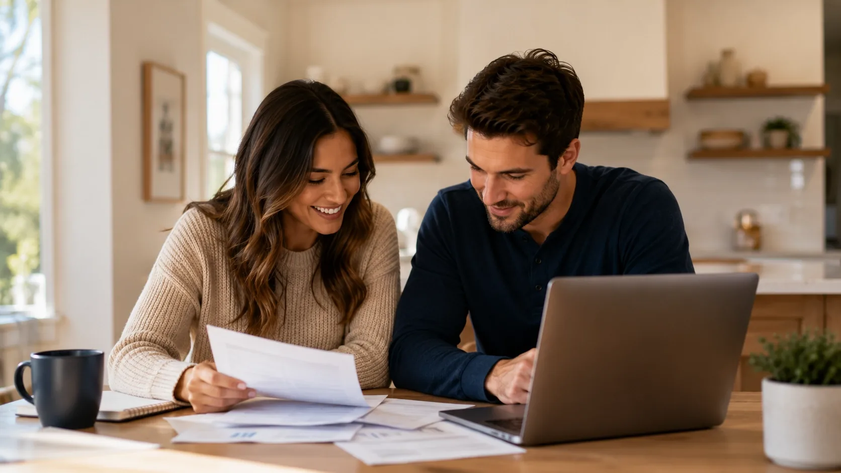 Couple reviewing mortgage paperwork with a laptop at a kitchen table