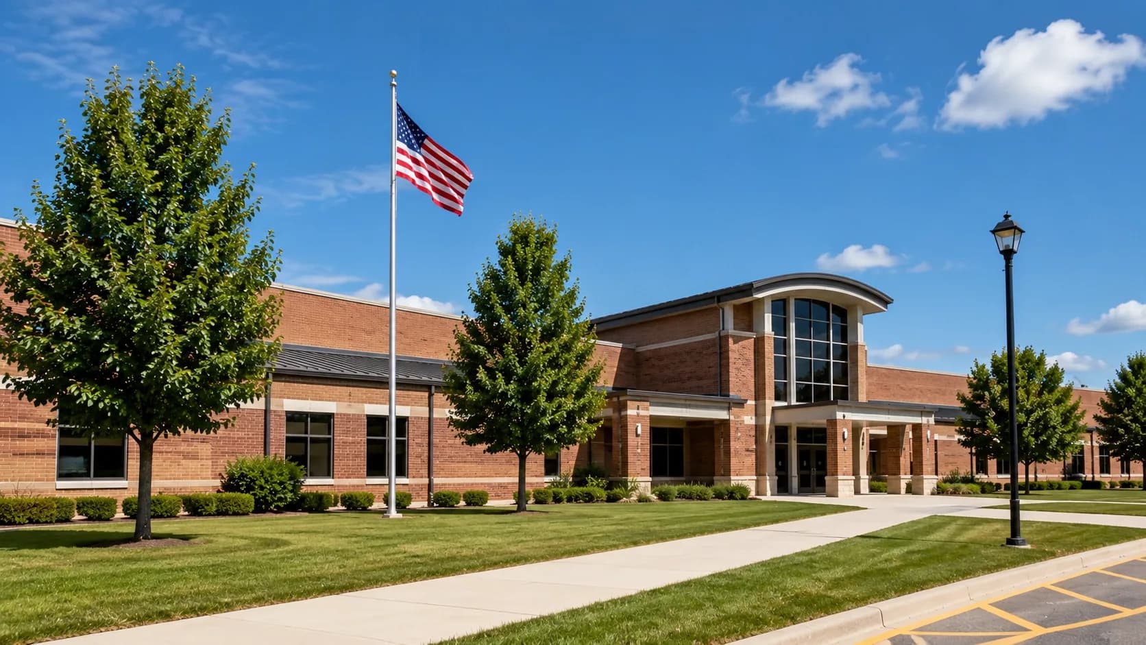 Exterior of a suburban public school building on a sunny day with a flagpole in front