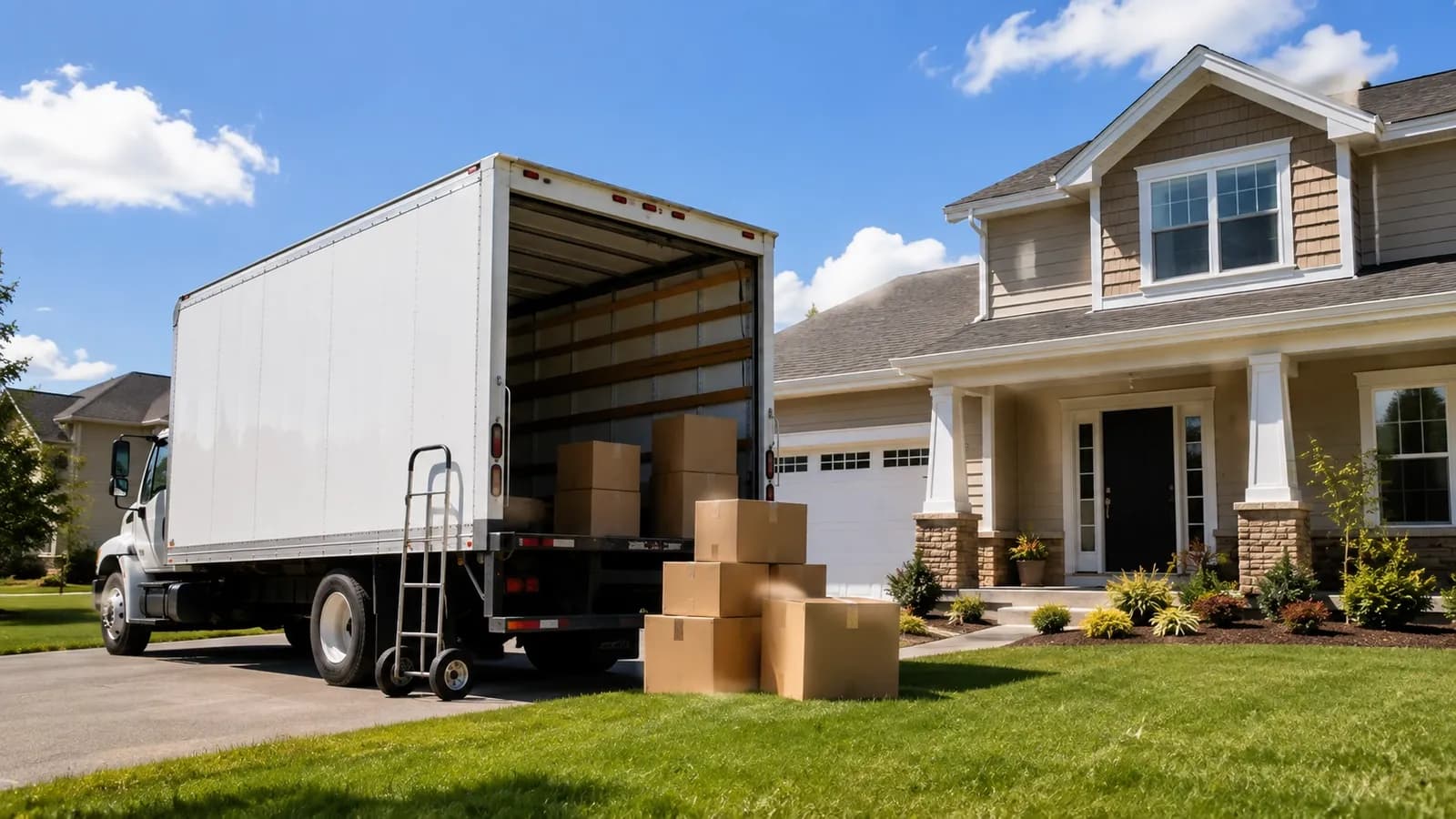 A moving truck parked in a driveway outside a suburban Minnesota home on a clear day